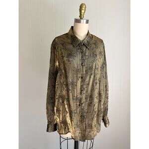 Vintage‎ 90s Y2K Sheer Metallic Gold Blouse Top Petite Large Floral Shiny Sheer